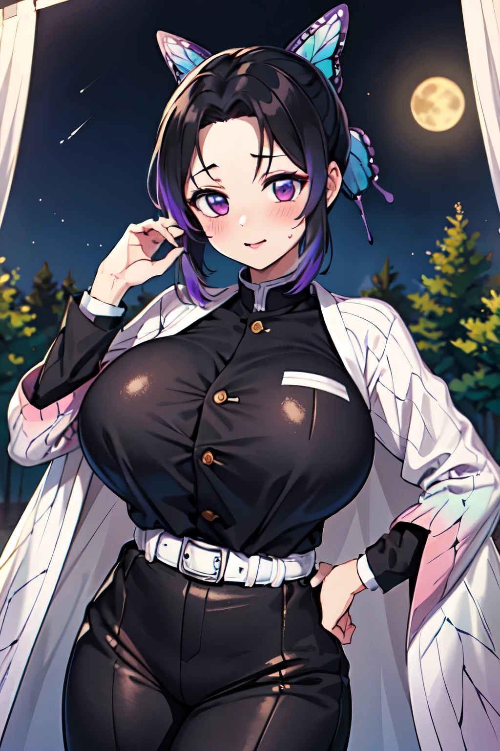 masterpiece, best quality, highres, 1girl, 独奏, kochou shinobu, butterfly hair ornament, purple eyes, multicolored hair, short hair, parted bangs, black pants, black jacket, long sleeves, belt, cowboy shot, forest, night, moon,((huge breast)),busty,skinny body,boobs tent,Hide your hands behind your back,((Proudly)),((blush))