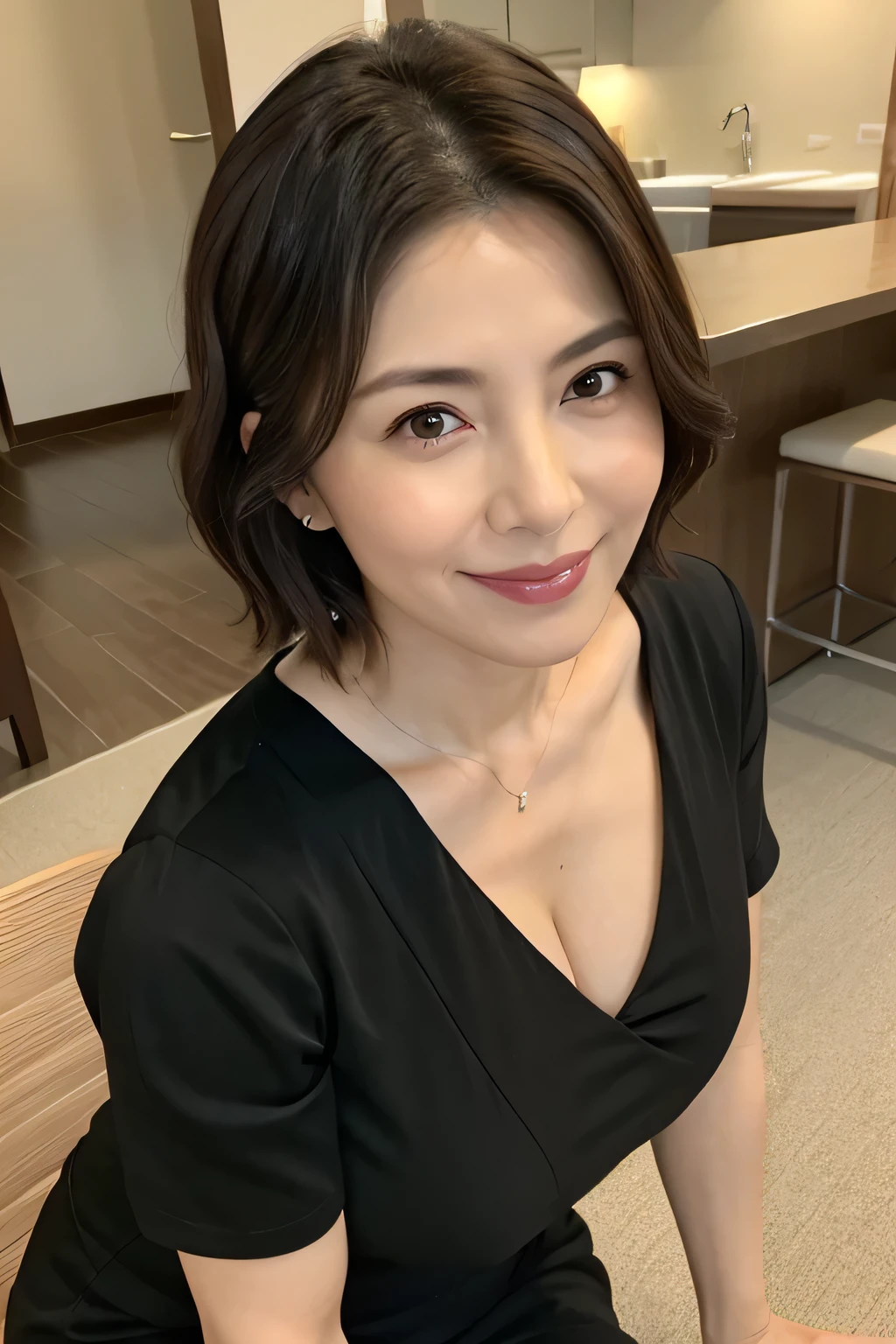 8K, Highest quality, masterpiece, Realistic, Realistic, Very detailed, Natural light, Shapely large breasts, Her cleavage is visible, 1 Japanese female, 45 years old, Black Hair, short hair, Straight hair, (Look up at the viewer from below),Disheveled V-neck shirt, Very detailedな顔と肌, Very detailedな目, Very detailedな顔と肌,Bright smile,A big smile,indoor,Natural Makeup