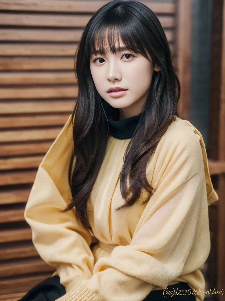(Detailed skin:1.2), (Shiny skin:1.1), 8K,Highest quality, masterpiece, Ultra-high resolution, (Realistic:1.4), RAW Photos, (Soft saturation:1.3), (Fair skin:1.2), Japanese Idols, 22 years old, Natural Makeup, Brown Hair, Medium Hair, Asymmetrical Hair, Wavy Hair, Asymmetrical bangs, (Black knit:1.2),