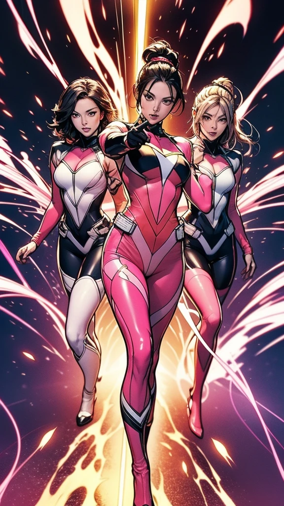 Solo, A brave and courageous image of a 6 member ranger team, Each one is decorated in vibrant colors such as:: ((Pink)), red is front of center, violet, Green, yellow, blue black, white,. Dynamic poses in a background that exudes energy and courage, neon, fire, plasma, Fluorescent, shocking, pink big bomber, splashing pink, running, fighting pose, action pose, Embodying the essence of the classic Sentai superhero team. Each Ranger:: The attire is sophisticated and modern, Each color has elements that reflect its theme., Ready for action. (()), weapons, in sunset background , in cinematic lighting, cover art mixed cinema poster style,