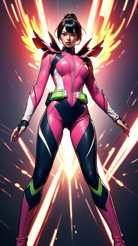 Solo, A brave and courageous image of a 6 member ranger team, Each one is decorated in vibrant colors such as:: ((Pink)), red is front of center, violet, Green, yellow, blue black, white,. Dynamic poses in a background that exudes energy and courage, neon, fire, plasma, Fluorescent, shocking, pink big bomber, splashing pink, running, fighting pose, action pose, Embodying the essence of the classic Sentai superhero team. Each Ranger:: The attire is sophisticated and modern, Each color has elements that reflect its theme., Ready for action. ((Camel Toe)), weapons, in sunset background , in cinematic lighting, cover art mixed cinema poster style,