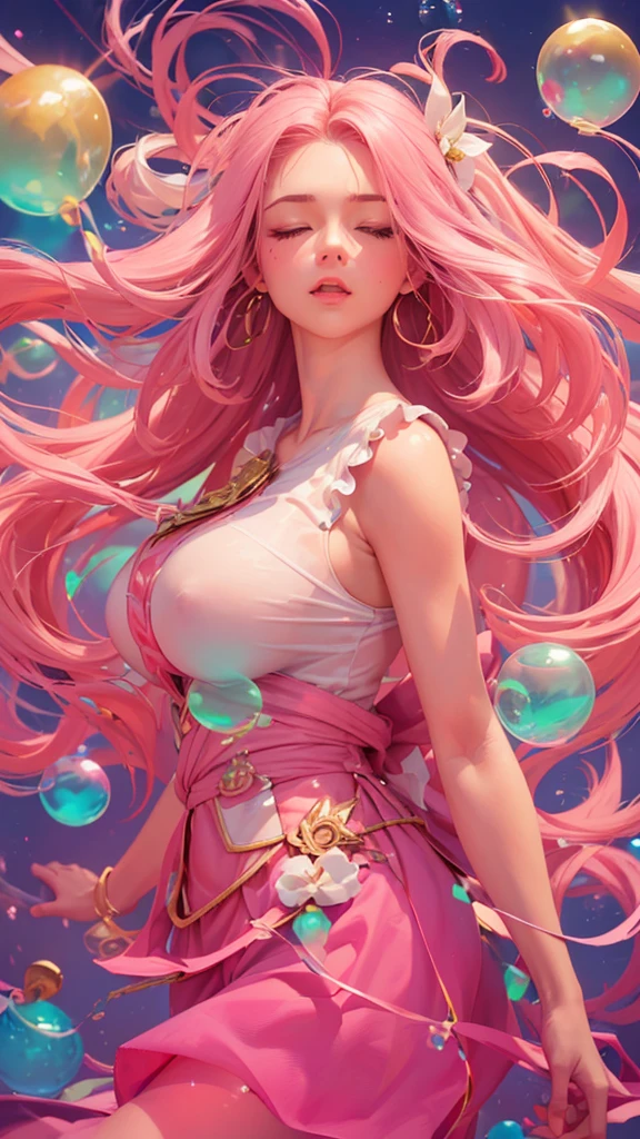 ((top-quality, 8K)), (Realistic), (Face Focus: 1.1), (White and pink: 1.3), woman, (milf), (sexy body), (huge breasts), long-hair, Body from the waist up, Hair fluttering in the wind, Facing to the side, Look up at your face, Eyes closed, (Sleeveless: 1.1), Skirt, Countless soap bubbles,