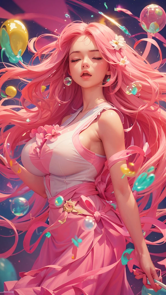 ((top-quality, 8K)), (Realistic), (Face Focus: 1.1), (White and pink: 1.3), woman, (milf), (sexy body), (huge breasts), long-hair, Body from the waist up, Hair fluttering in the wind, Facing to the side, Look up at your face, Eyes closed, (Sleeveless: 1.1), Skirt, Countless soap bubbles,