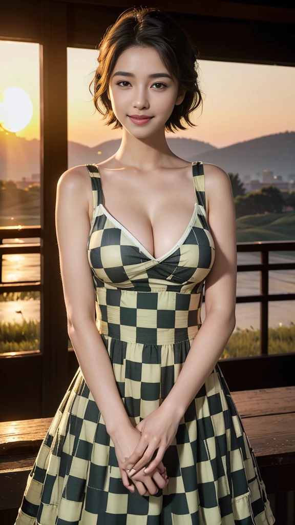 realistic, Highly Detailed CG Integrated 8 thousand Dendenden Wallpapers, ighly Details, High Definition RAW Color Photography, professional photography, (8 thousand, RAW photos, best quality, table top: 1.2), (realistic, realistic: 1.37), (beautiful checkered dress:1.5), transcendent beauty, Young and cute, Indian Woman, glowing skin, big bust, Half-exposed breasts, (cleavage of breasts:1.2), (fair face:1.2), (Short hair:1.2), (A wide meadow under the sunset:1.5), bright smile,