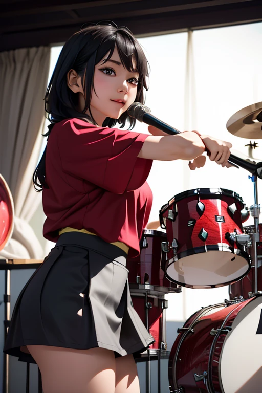 (masterpiece, Highest quality)、live house、drumの後ろで、かわいい女の子がdrumを叩いている、Dark Eyes、Gorgeous lighting、Tight mini skirt、Black Hair、Japanese women、drummer、drumセット、drum、
