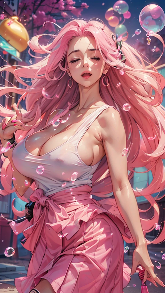 ((top-quality, 8K)), (Realistic), (Face Focus: 1.1), (White and pink: 1.3), woman, (milf), (sexy body), (huge breasts), long-hair, Body from the waist up, Hair fluttering in the wind, Facing to the side, Look up at your face, Eyes closed, (Sleeveless: 1.1), Skirt, Countless soap bubbles,