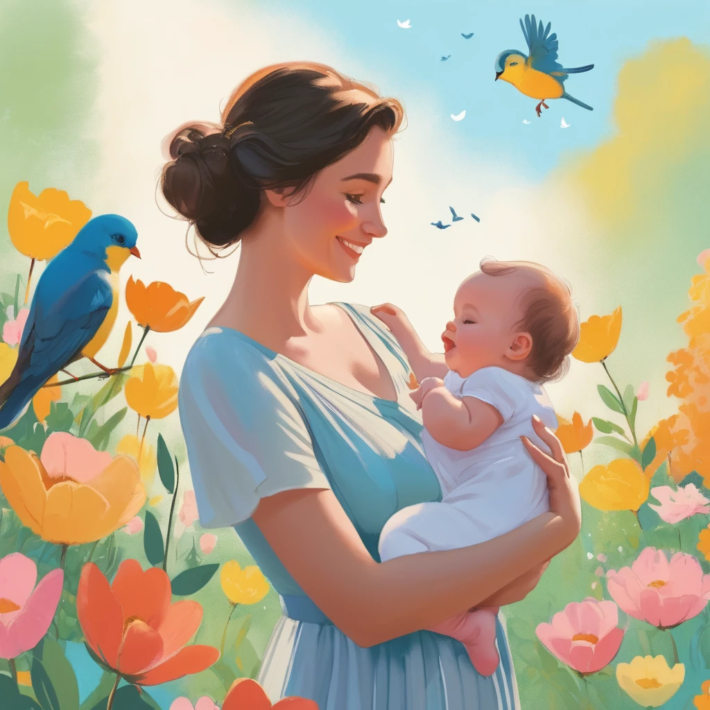 a mother holding a baby, happy face, cute, cute baby, coloured background, fundo de splash do paint, Similar to Disney, illustration, modern illustration, color Art, fundo ao ar livre, Fairytale setting, dream like, wide sight, cinematic, pastel colours, birds, better guy, Best fingers, Expression, flowers, Garden