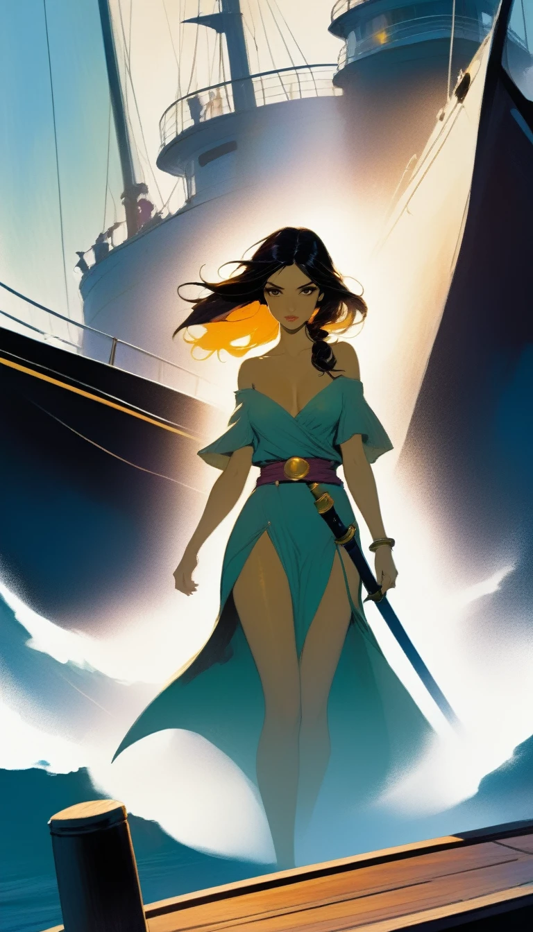 A beautiful woman leaves on a boat, on the deck of the boat 6 swords are stuck (art inspired by Bill Sienkiewicz)