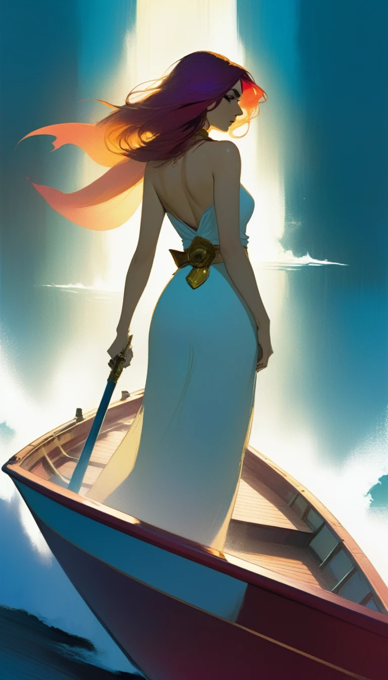 A beautiful woman leaves on a boat, on the deck of the boat 6 swords are stuck (art inspired by Bill Sienkiewicz)