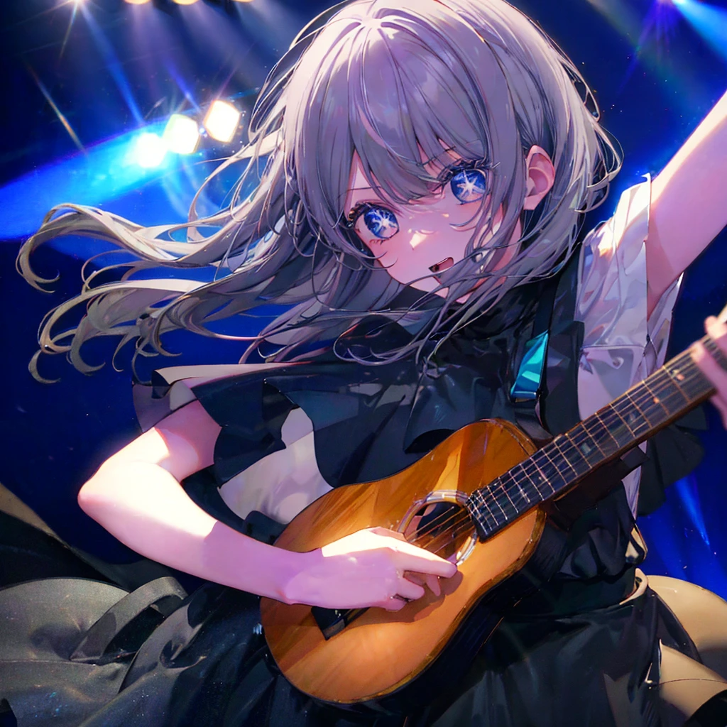 (((1 person　Gray Hair　dress　singer　blue eyes)))　((High resolution　short hair　青いdress　Black Skirt　Rin々Funny face))　((Close-up))　((Open your mouth　Shining Aura　On stage　Guitar solo))　(smile　Exposure to blue light)　Shining Background　Shining Edge