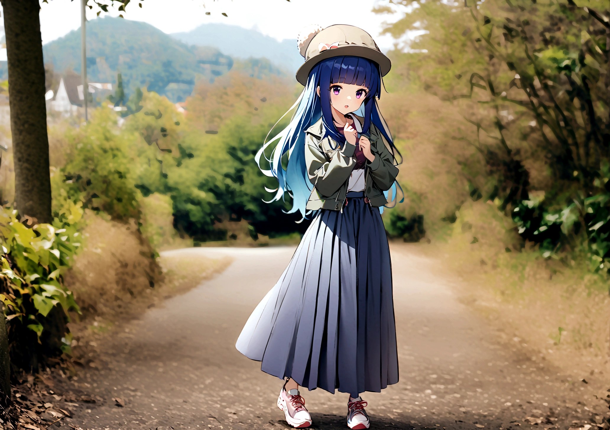 One Girl, alone, Full Out Rika, cute, Blue Hair, Purple eyes, Long Hair, blunt bangs, bangs, skirt, long sleeves, hat, standing, jacket, full body, outdoors, day, blurry,  blurry background, long skirt,  photo background