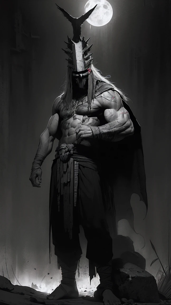 (Mejor calidad, 4k, ultra detallado, realista, colores vívidos, bokeh), (criatura monstruosa, dark atmosphere), ser abominable, oscuridad profunda, juego de luces y sombras, partículas. Image quality full 4k hd. Realistic digital illustration. Realism. 4k. very tall man, very beautiful and aesthetic, muscular body, very short hair, naked body scars and burns, devilish smile. medical bandage on the face, red eyes, his teeth are triangular. Dark and terrifying appearance. Death.