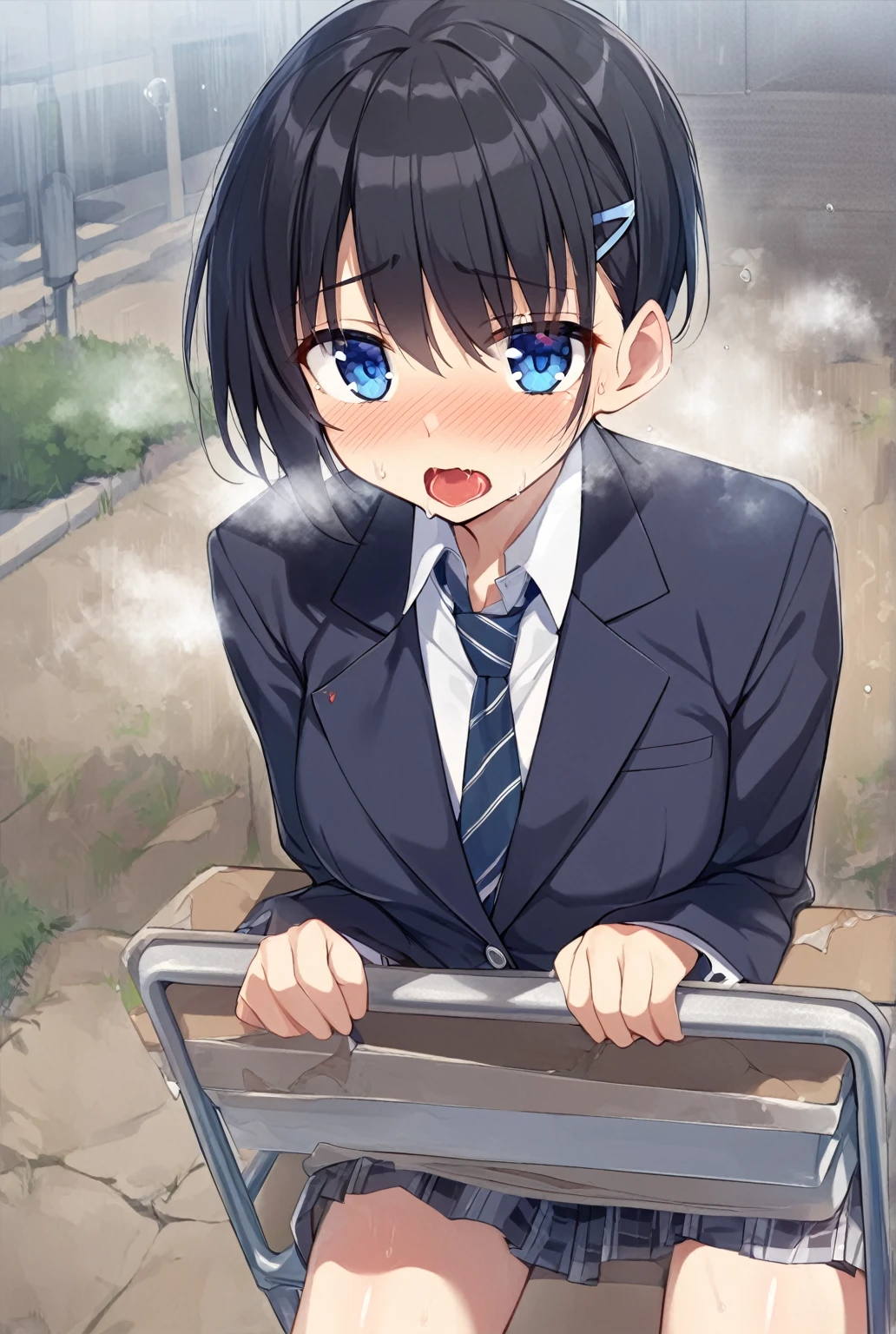 one girl, black hair, short hair, boyish, blue eyes, high school student, school blazer, naive, slender, necktie, foggy, aphrodisiac, open mouth, drool