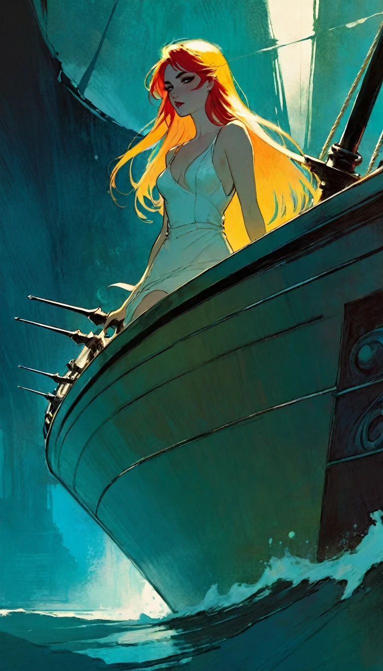 A beautiful woman leaves on a boat, on the deck of the boat 6 swords are stuck (art inspired by Bill Sienkiewicz)
