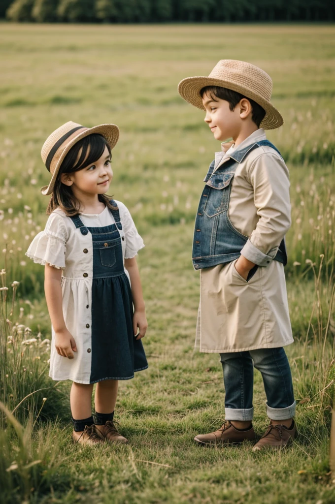 Generates a girl and a boy of the same age dressed as a field 