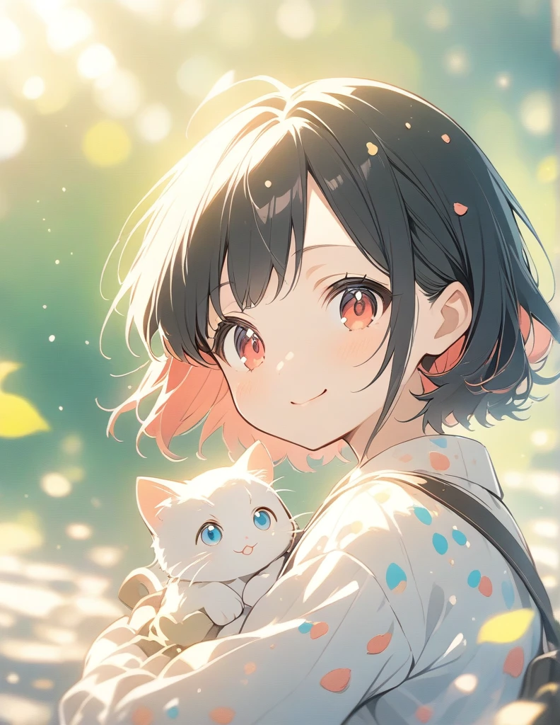 Anime Style, Ultra-fine illustrations, Very detailed, Dynamic Angle, Beautiful details, 8K,One cute girl,black Hair,Thin bob cut, smile,red eyes,fashionable, Trendy clothing,Cobblestones,(Speckled sunlight:1.2),Blurred,(Depth of written boundary:1.1),Tilt your head,(Fluttering petals),wood,Cuddle a kitten,頬をくっつける,upper body