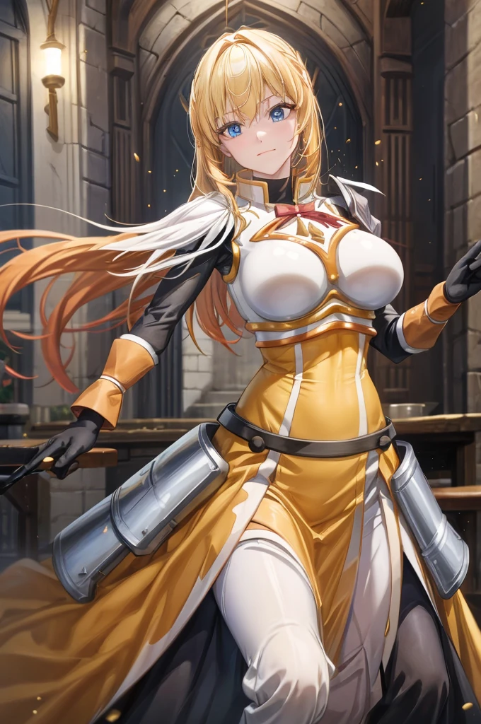 Solo, Darkness, Darkness \(Konosuba\), Long Fluffy Blonde-Orange Hair, Sparkling Blue Eyes, Beautiful Face, ??????????? Size, Slim Waist, Wide ????, Thick Thighs, (Crusader Light Armour, White-Gold Coloured Armour), Excited Perverted Expression, Eyes Wide, Standing in Medieval Tavern, Beautiful Lighting, Dynamic Cute Pose, (Masterpiece, Perfect ???????, Perfect Hands)