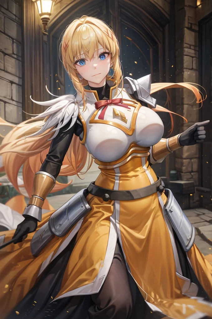 Solo, Darkness, Darkness \(Konosuba\), Long Fluffy Blonde-Orange Hair, Sparkling Blue Eyes, Beautiful Face, Huge Breast Size, Slim Waist, Wide Hips, Thick Thighs, (Crusader Light Armour, White-Gold Coloured Armour), Excited Perverted Expression, Eyes Wide, Standing in Medieval Tavern, Beautiful Lighting, Dynamic Cute Pose, (Masterpiece, Perfect Anatomy, Perfect Hands)