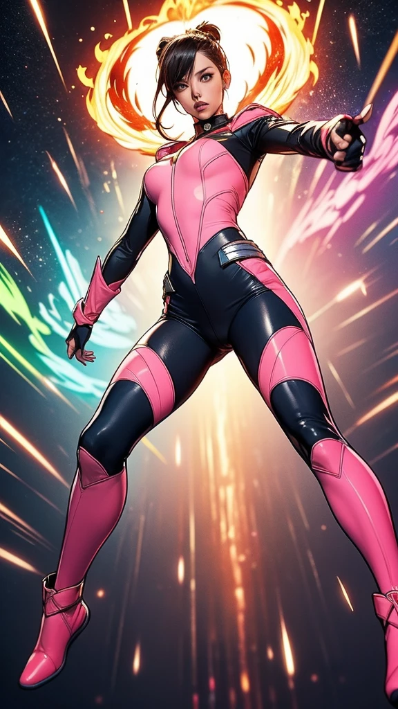 Solo, A brave and courageous image of a 6 member ranger team, Each one is decorated in vibrant colors such as:: ((Pink)), red is front of center, violet, Green, yellow, blue black, white,. Dynamic poses in a background that exudes energy and courage, neon, fire, plasma, Fluorescent, shocking, pink big bomber, splashing pink, running, fighting pose, action pose, Embodying the essence of the classic Sentai superhero team. Each Ranger:: The attire is sophisticated and modern, Each color has elements that reflect its theme., Ready for action. ((Camel Toe)), weapons, in sunset background , in cinematic lighting, cover art mixed cinema poster style,