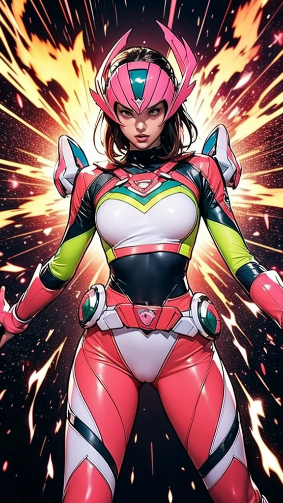 Solo, A brave and courageous image of a 6 member ranger team, Each one is decorated in vibrant colors such as:: ((Pink)), red is front of center, violet, Green, yellow, blue black, white,. Dynamic poses in a background that exudes energy and courage, neon, fire, plasma, Fluorescent, shocking, pink big bomber, splashing pink, running, fighting pose, action pose, Embodying the essence of the classic Sentai superhero team. Each Ranger:: The attire is sophisticated and modern, Each color has elements that reflect its theme., Ready for action. ((Camel Toe)), weapons, in sunset background , in cinematic lighting, cover art mixed cinema poster style,