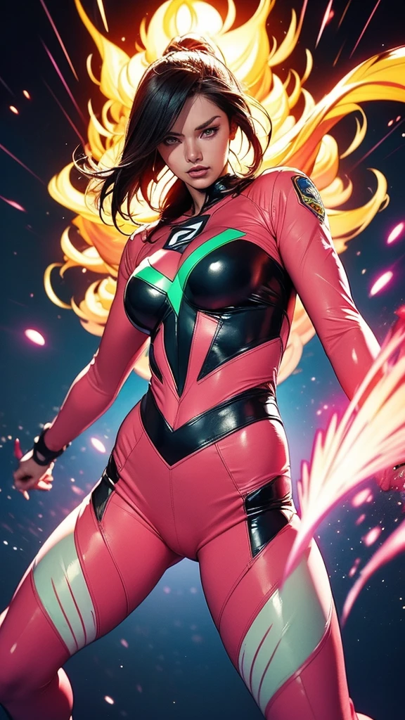 Solo, A brave and courageous image of a 6 member ranger team, Each one is decorated in vibrant colors such as:: ((Pink)), red is front of center, violet, Green, yellow, blue black, white,. Dynamic poses in a background that exudes energy and courage, neon, fire, plasma, Fluorescent, shocking, pink big bomber, splashing pink, running, fighting pose, action pose, Embodying the essence of the classic Sentai superhero team. Each Ranger:: The attire is sophisticated and modern, Each color has elements that reflect its theme., Ready for action. ((Camel Toe)), weapons, in sunset background , in cinematic lighting, cover art mixed cinema poster style,