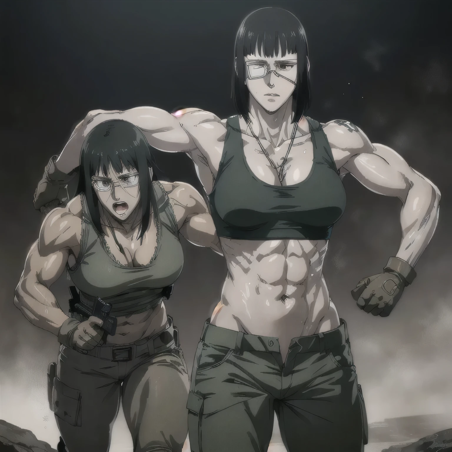(best quality,ultra-detailed,realistic:1.37),musclaur badass girl with sculpted body with preview her musclaur body and six-pack, full review of the female character face and body, intense expression,studio lighting, vivid colors, physiologically-based rendering, grungy texture, rugged background, dust particles in the air, commanding presence, professional, powerful, gritty aesthetics,,Valmet،short hair،tattoos on shoulders,,Shining muscles, muscle protrusion,Valmet have a sex muscles,eyepatch,penis,wet body,wet clothes,white skin,water dropped on body,Shining skin,combat trousers,tank top female inside open vest, dog tags, gloves,ammunition belt,woman