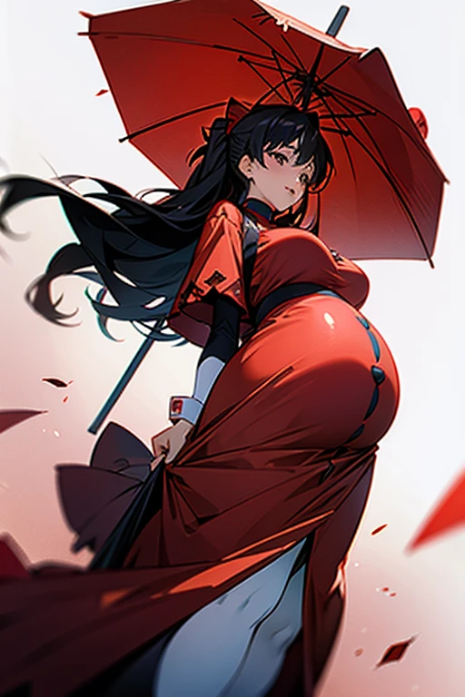 Soryu Asuka Langley wearing red gothic , pregnant, holding a red umbrella, voluptuous, plump, and plump.