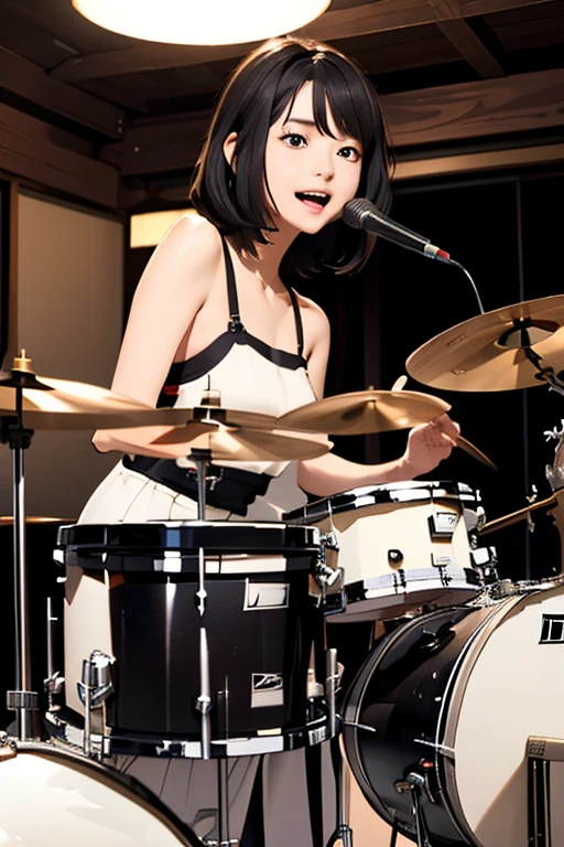 (masterpiece, Highest quality)、live house、drumの後ろで、かわいい女の子がdrumを叩いている、Dark Eyes、Gorgeous lighting、Black Hair、Japanese women、drummer、drumセット、drum、