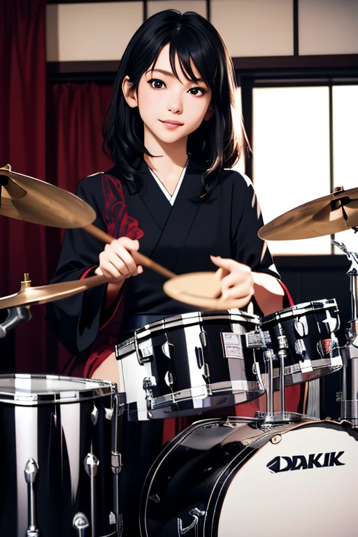 (masterpiece, Highest quality)、live house、drumの後ろで、かわいい女の子がdrumを叩いている、Dark Eyes、Gorgeous lighting、Black Hair、Japanese women、drummer、drumセット、drum、