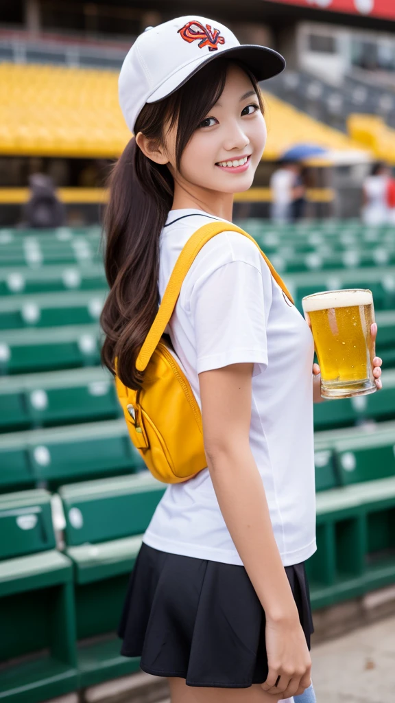 masterpiece,best Quality,ultra detailed, baseball stadium bleachers,big yellow backpack on her back, beautiful girl, selling beer, full of energy, cheerful,parky, beer vendors, beer girl, yellow and black cap, offering beer in plastic cup, long hair, smiling, white and black short sleeve shirt, mini-skirt, , Bud girl,