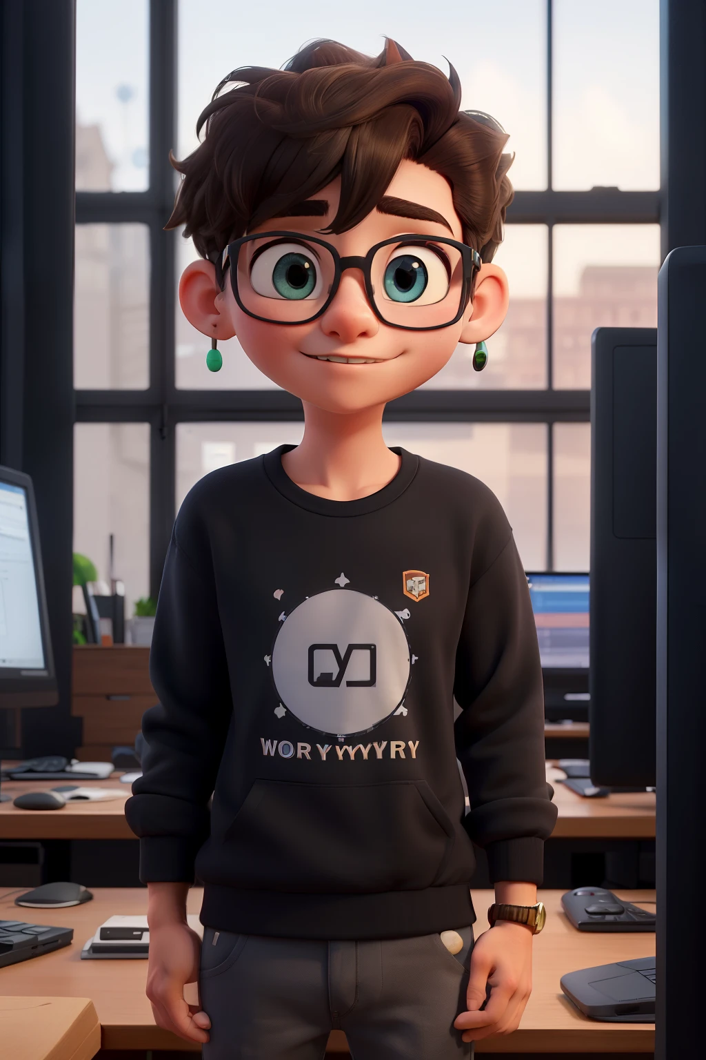 ((best qualityer)), ((work of art)), (detailded), 1 young nerd in shipping the computer in a black sweatshirt with the logo on the shirt saying mychaell_almeida, without glasses,with 12cm ear plug