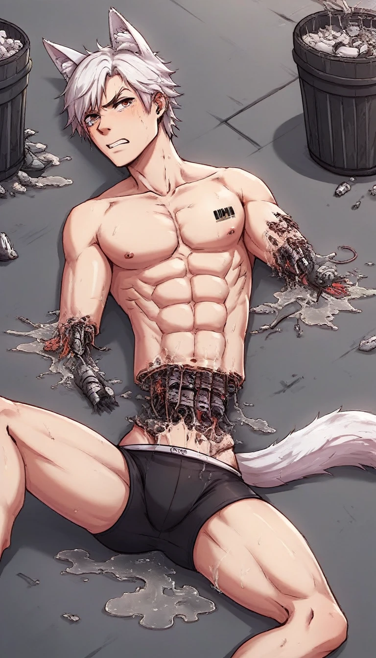 score_9, score_8_up, score_7_up, score_6_up, score_5_up, score_4_up, male, adult, boy, 1boy, muscular, pecs, abs, small waist, tall, fox ear, barcode tattoos, robot, android, robot fox, (mechabare:1.2, guro, amputee), synthetic mechanical parts, synthetic mechanical component, long white hair, nude, talking, speaking, big blue eyes, hard nipples, erect big penis with foreskin, erection, foreskin, leaking precum, fear, fear expression, afraid, afraid expression, pain, in pain, pain expression, in pain expression, lying, lying on the ground, in a jungle, jungle background,