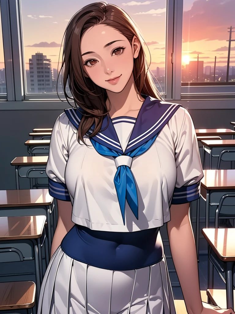 (8K,Realistic, Tabletop, Highest quality, RAW Photos:1.3)、One Girl, 18-year-old,alone,high school girl, Long Hair, Brown Hair, Beautiful face in every detail, Attractive face, (Beautiful brown eyes in every detail:1.2), Medium chest,(Underbust:1.0),(Covered nipples:0.99),(Loose Sailor Uniform :1.35), ( Slim beauty with perfect body: 1.4),( Seductive Pose:1.3), (View your viewers, Front view,Eyes focus:1.2), Detailed Background, (sunset:1.2), classroom,Fine details, Intricate details,  Ray Tracing, Depth of written boundary, Captivating smile,classroom,