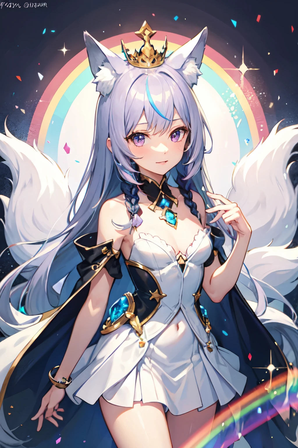 older woman girl with light purple hair, purple eyes, fox ears, foxtails, in a long rainbow color dress with a crystal crown