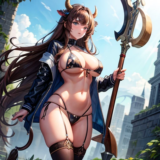 Brown Haired Minotaur Beautiful woman with blue eyes Cow horn Cow has no ears Have a battle axe Long Hair Wearing a jacket bikini Large Breasts