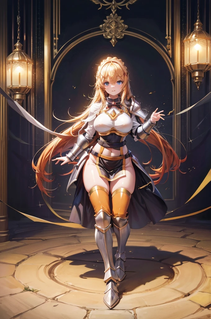 Solo, Darkness, Darkness \(Konosuba\), Long Fluffy Blonde-Orange Hair, Sparkling Blue Eyes, Beautiful Face, Huge Breast Size, Slim Waist, Wide Hips, Thick Thighs, (Crusader Light Armour, White-Gold Coloured Armour), Excited Perverted Expression, Eyes Wide, Standing in Medieval Tavern, Beautiful Lighting, Dynamic Cute Pose, (Masterpiece, Perfect Anatomy, Perfect Hands)