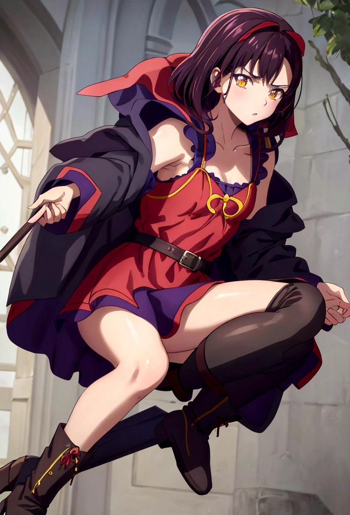 Superior image quality, high resolution, garota jovem, Caucasian skin, shorth hair, purple shine black hair, yellow eyes, red bow on head, black clothing, short dress, holding staff, serious expression, Medieval theme, Black boots, brown details not dressed, shoulderpads, small ruffles on the dress