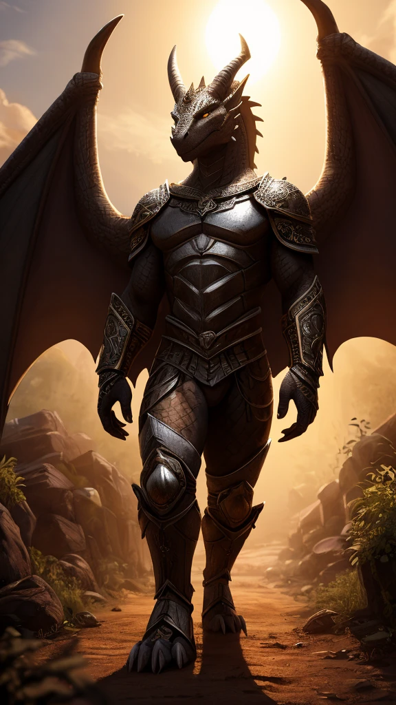 a white anthropomorphic dragon naked, BIG DICK, walking on a dirt road, incredibly detailed, very realistic, 8k, photorealistic, hyper detailed, Masterpiece, intricate details, volumetric lighting, dramatic shadows, cinematographic, epic fantasy scene, dramatic lighting, bright Eyes, scales, claws, magnificent wings, Skinny body, armor with ornate designs, dirt road, lush foliage, Sun rays, depth of field