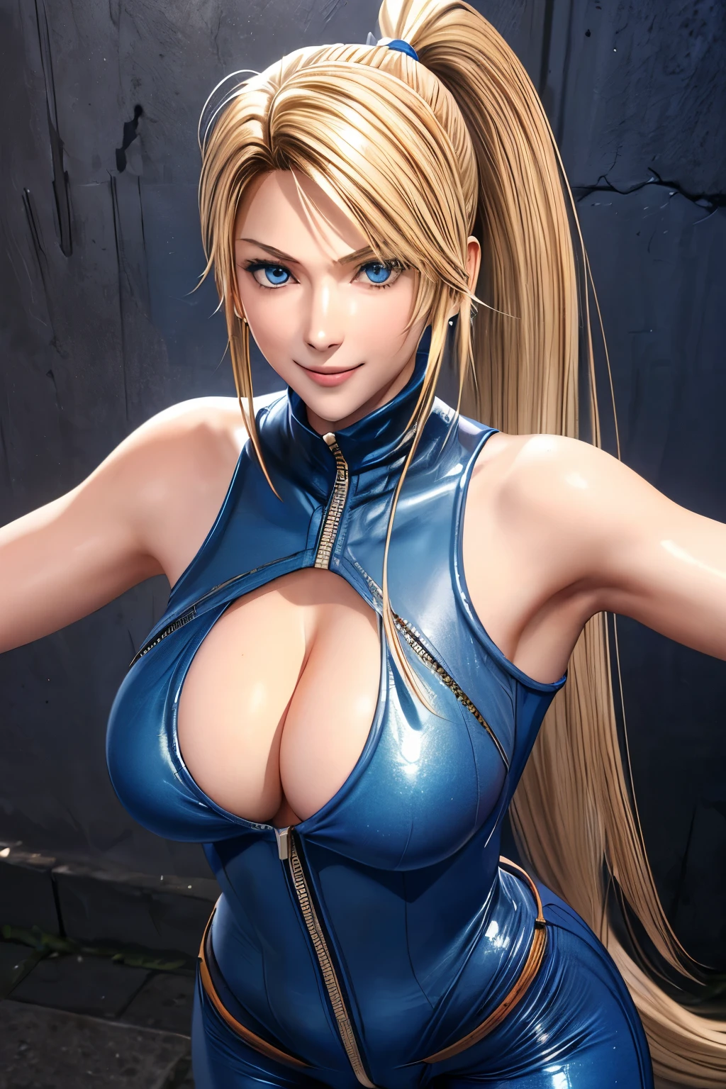 Sarah, blue eyes, angle view, (skinny girl:1.2), ((long ponytail:1.3)), (free flowing hair:1.4), cowboy shot, blonde hair, long hair, (long side burns:1.4), (bodysuit fully zipped), Shoulders exposed, (arms exposed:1.0), (chest covered:1.4), (very detailed skin:1.5), (tight blue bodysuit:1.4), belt ,sleeveless, (closed zipper), earrings, fingerless short gloves, BREAK masterpiece, 1 girl, RAW photo, (best quality:1.2), extremely delicate beautiful, very detailed, 2k wallpaper, amazing, fine details, (medium covered breasts:1.4), extremely detailed CG Unity 8k wallpaper, super detailed, high resolution, (beautiful detailed girl:1.4), perfect anatomy, wide cheeks, (shiny clothes:1.1), (smile:1.2), (upper body:1.3), (Realistic, Photorealistic:1.0), (thin nose:1.2), (breast focus:1.3), 20 year old, high nose bridge, (blue clothes:1.2), fighting pose, fighting arena, armpit against wall, wide face, (wide smile:1.3), closed mouth