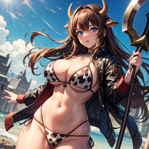Brown Haired Minotaur　Beautiful woman with blue eyes　　Cow horn　Cow has no ears　Have a battle axe　　Long Hair　　Wearing a jacket　bikini　Large Breasts