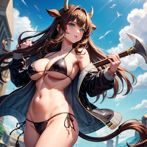 Brown Haired Minotaur Beautiful woman with blue eyes Cow horn Cow has no ears Have a battle axe Long Hair Wearing a jacket bikini Large Breasts