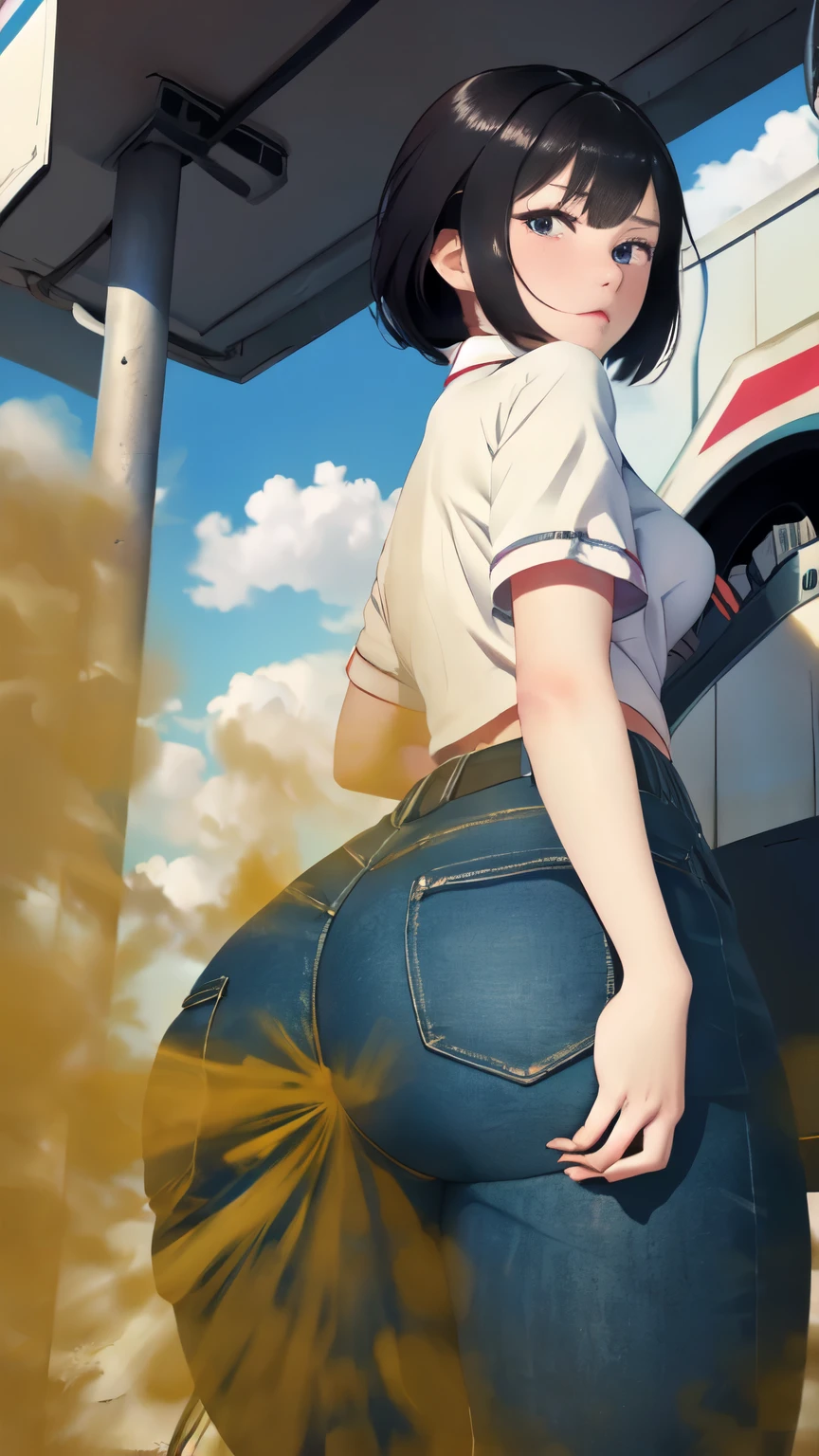 ((velocity)),Attacked by farts, (((Women farting))),(girl farting while refuel the car),velocity,)(a female gas station operator),(wearing a mechanic clothing),(her butt facing screen)) (short blackhair),(Asian woman),(Gas Station ),(masterpiece:1.2、top-quality, best-quality)、(the Extremely Detailed CG Unity 8K Wallpapers、ultra-detailed、Best Shadows)、(Detailed background)、(The best lighting、extremely delicate and beautiful)、depth of fields、1girl in、solo、upward looking gaze、