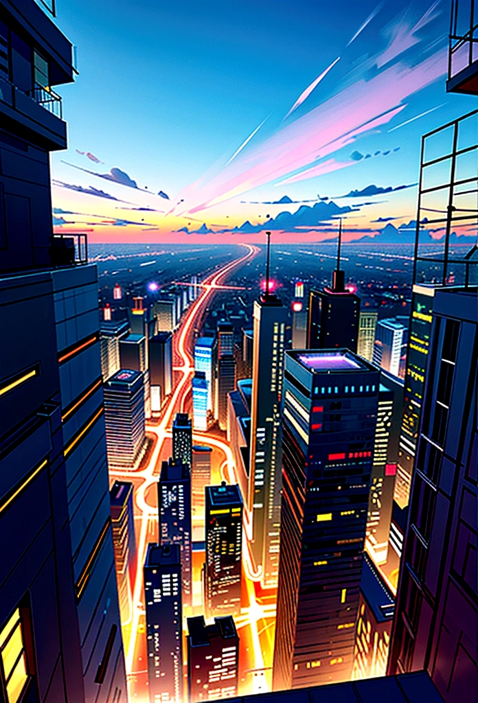 View of a modern city at dusk, with the colorful sky.