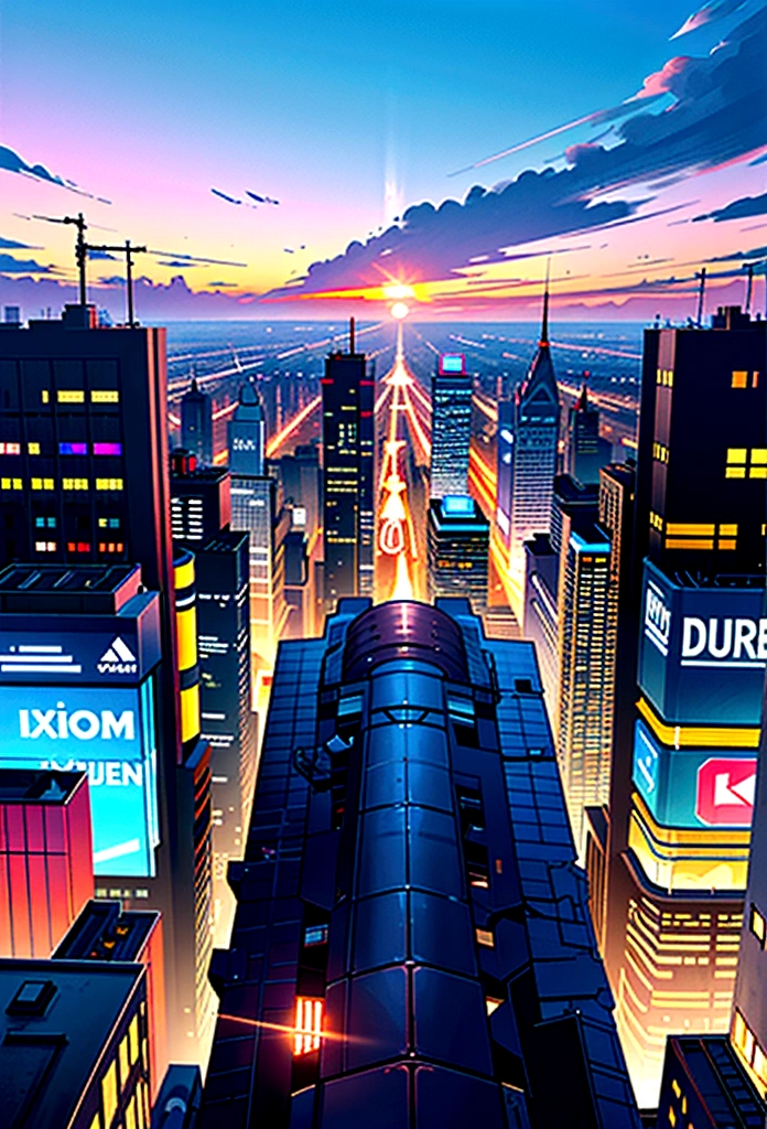 View of a modern city at dusk, with the colorful sky.