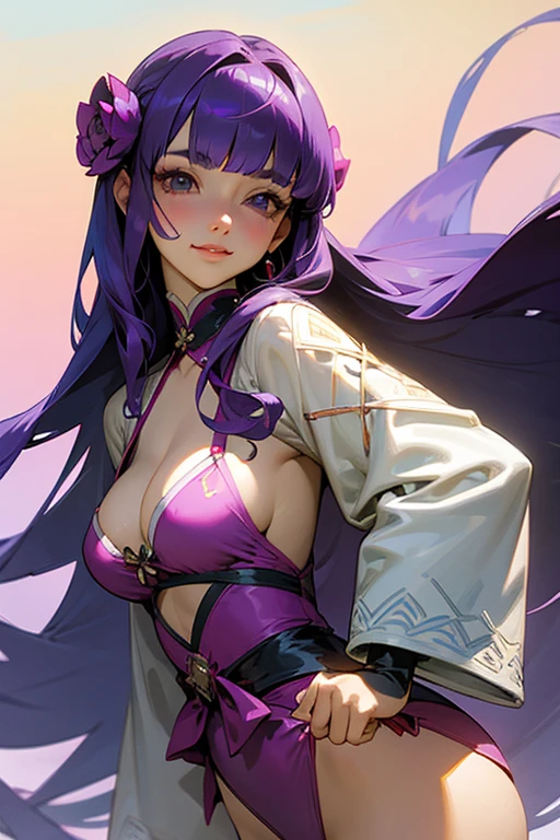 Face close-up、1 Girl, Blunt bangs, Wide sleeves, hair ornaments,Swimwear、(Purple Hair:1.2), Very long hair, Straight hair, Looking at the audience, Highly detailed background, (Realistic:1.2), Beautiful Eyes, Red eyeshadow, Written boundary depth，thigh, (Urzan-6500:0.7), Upper Body, (alone:1.2), Cleavage, Shiny skin、Hair blowing in the wind、Four fingers, One thumb、Rose、Floral pattern on clothes、drink alcohol、Keep your hands on your hips、Face close-up、close、Stick your butt out、Laugh gently、Swimwear、A kind smile、front、