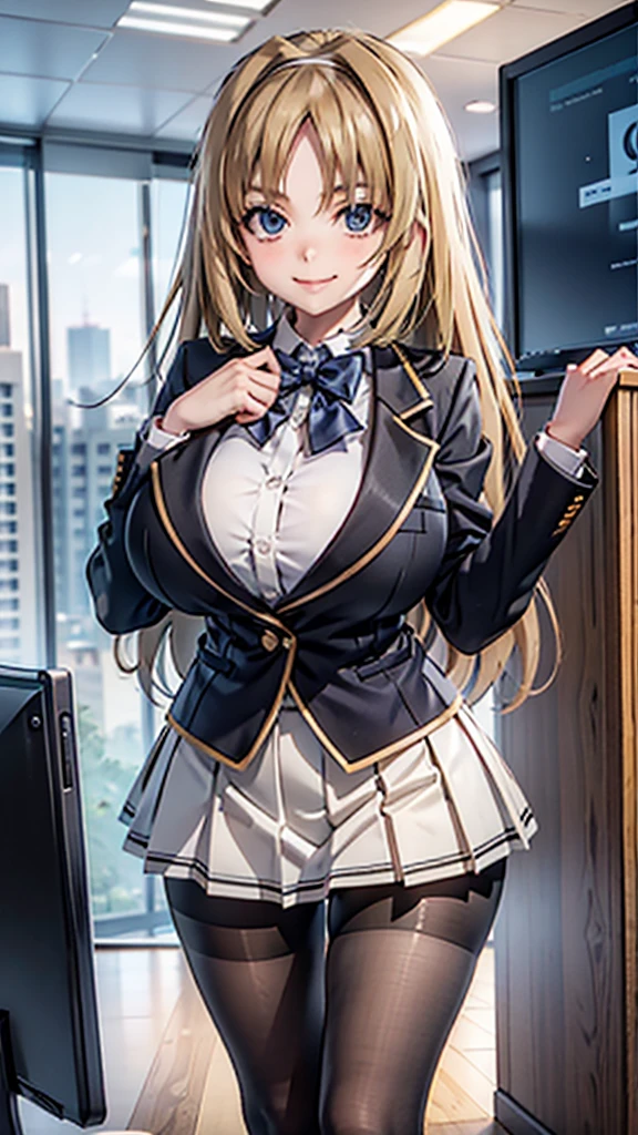 1girl, blonde hair, huge breasts, office, (office skirt), shirt, evil smile, (hourglass figure), black tights 