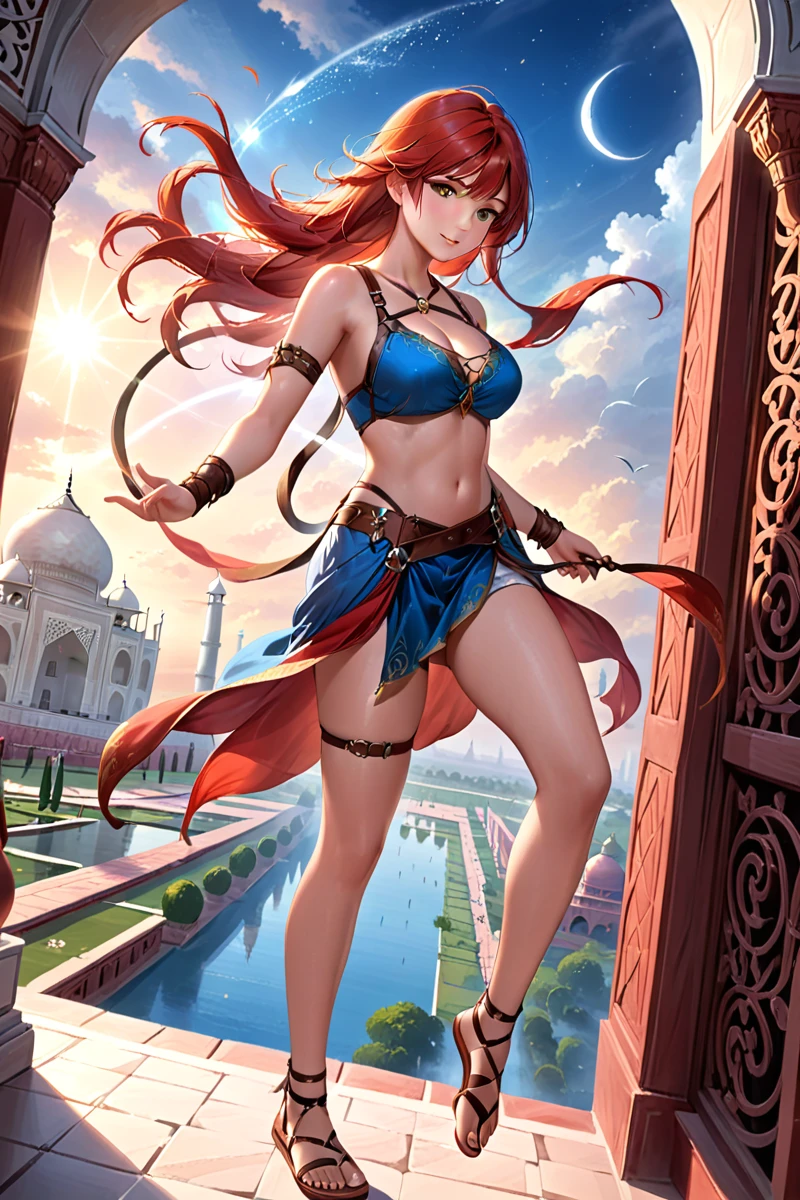 ethereal fantasy concept art of (masterpiece,best quality,ultra high res:1.1),(photo-realistic:1.1),hanging breasts,side_light,red hair,
1girl,20yo,
sweat,outdoors,
looking at viewer,
naitaopidai,leather harness,
wrapped in leather straps,harnesses and garters,barefoot_sandals,(the breeze blows hair:0.8),Taj_Mahal,wiping_tears,fairy music fluttering,, magnificent, celestial, ethereal, painterly, epic, majestic, magical, fantasy art, cover art, dreamy