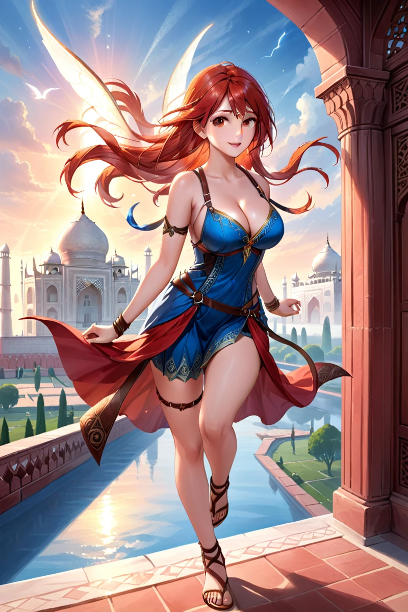 ethereal fantasy concept art of (masterpiece,best quality,ultra high res:1.1),(photo-realistic:1.1),hanging breasts,side_light,red hair,
1girl,20yo,
sweat,outdoors,
looking at viewer,
naitaopidai,leather harness,
wrapped in leather straps,harnesses and garters,barefoot_sandals,(the breeze blows hair:0.8),Taj_Mahal,wiping_tears,fairy music fluttering,, magnificent, celestial, ethereal, painterly, epic, majestic, magical, fantasy art, cover art, dreamy