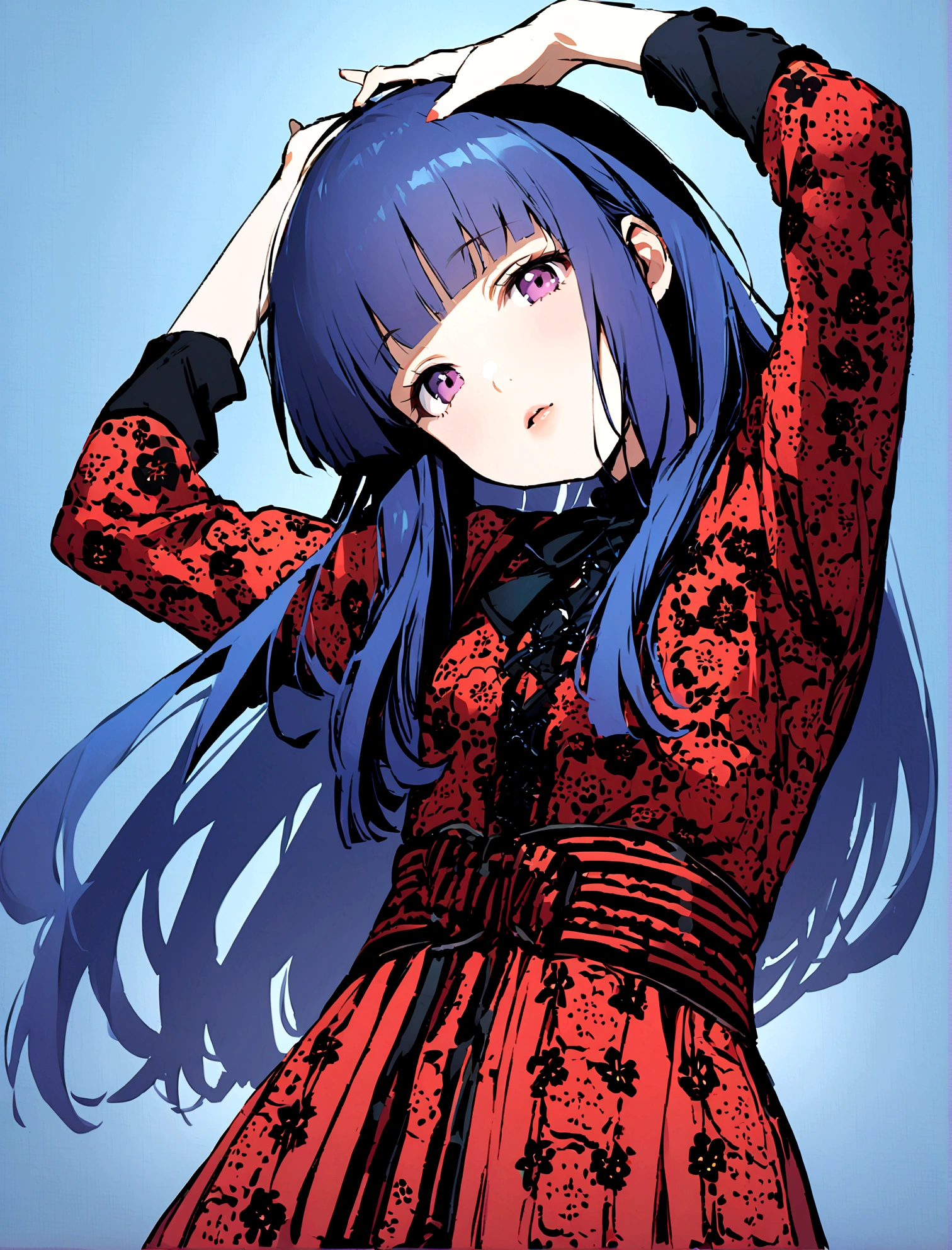 One Girl, alone, Full Out Rika, cute, Blue Hair, Purple eyes, Long Hair, blunt bangs, bangs, looking at viewer, long sleeves, dress, arms up, lips, head tilt, blue background, floral print,