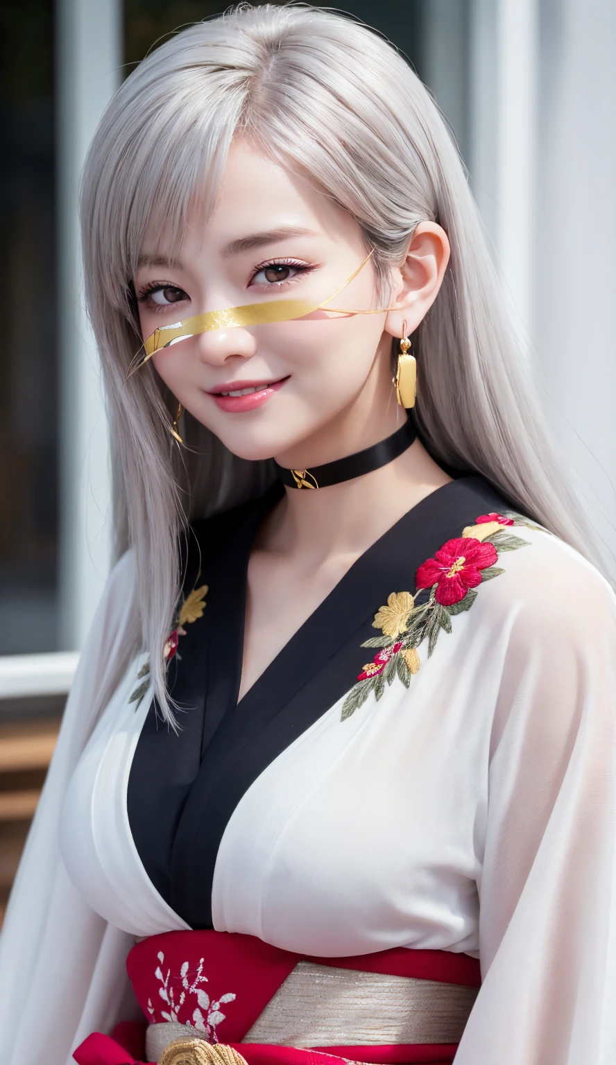 ((One personの女性)), Beautiful Face,((laugh)),((Wink:1.9)),((Touch your lips)), Laugh with your mouth wide open,((Bright red cheeks:1.4)),Shiny red lips,night,rooftop,Festive decorations,You can see the ocean, firework,Laughing with your mouth open,Glossy pink lips,Facial lighting,((Anime style background)),masterpiece, Highest quality, so beautiful,up to date, Complex details, (Pink long nails),(ring),(bracelet),(choker),AI-generated, Complex,High resolution, Highest quality, super high quality,3D Images、3D Images,One person,Long white hair,High Ponytail,(Pale eyes),Anime woman posing for a photo, ((fine grain、Silvery white eyes、Shining Eyes:1.4)),(Squint your eyes:1.1),a hyperRealistic , hyperRealistic , Realistic,Anime woman with long white hair, Smooth anime CG art, A woman in a colorful kimono with gold embroidery, (Black long sleeve kimono),Red floral pattern,Long flower hair ornament,big floral earrings,Mature Body,(Big Breasts:1.1),expensive,Abdominal muscles,Tight waist,(Zoom up to face:1.7),Shooting from diagonally below